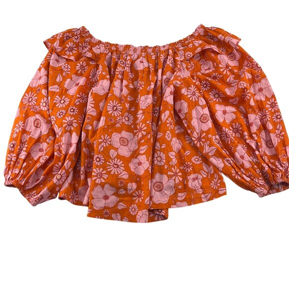 Free People Womens Floral Off Shoulder Top M Orange & Pink 100% Cotton - Picture 5 of 5